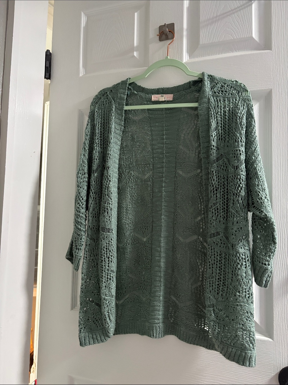 Pink Republic Open-Front Crochet Knit Cardigan in Sage Green